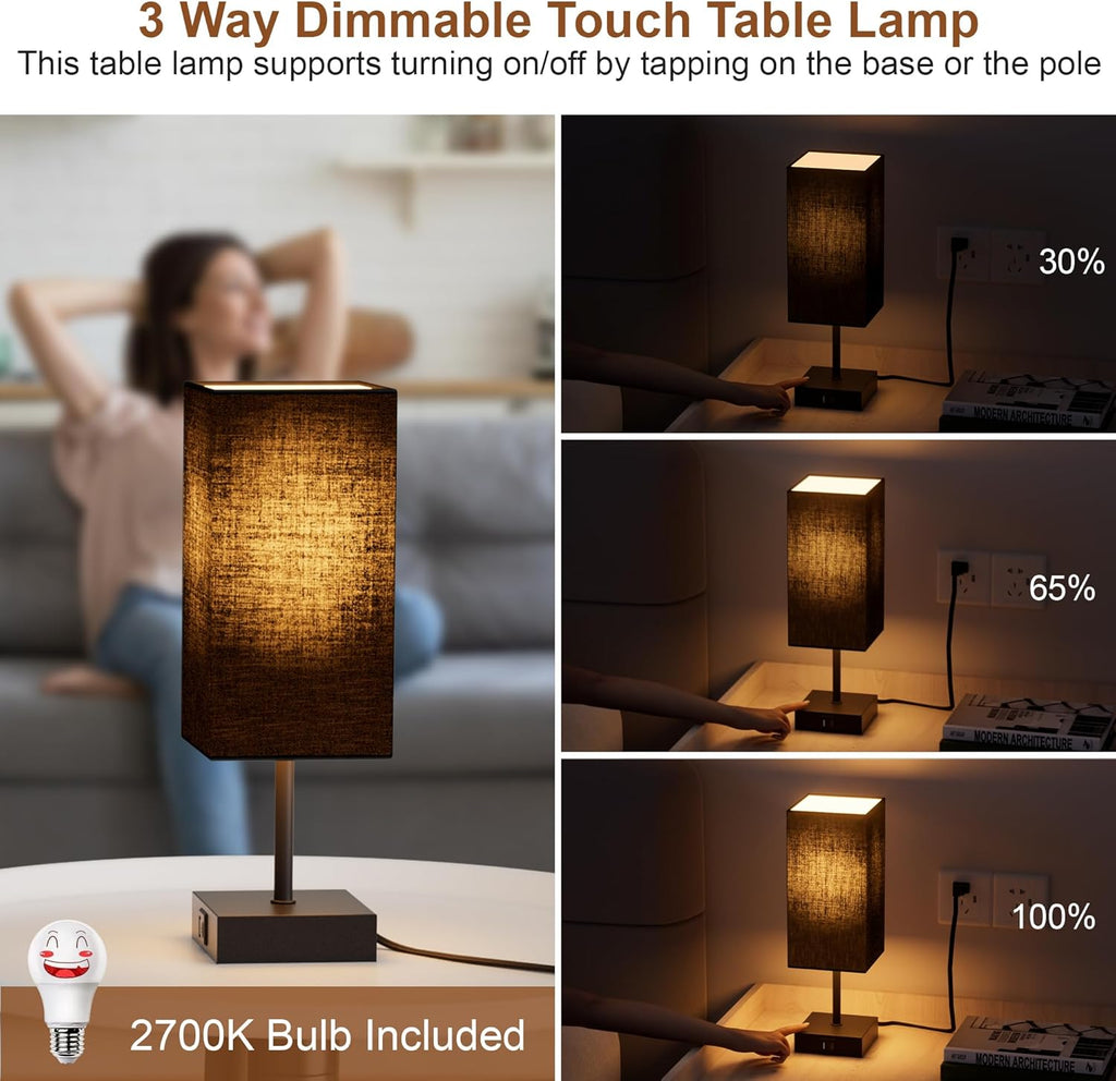 3-Way Dimmable Touch Table Lamp with USB Charging Ports – Black Bedside Lamp with Bulb Included