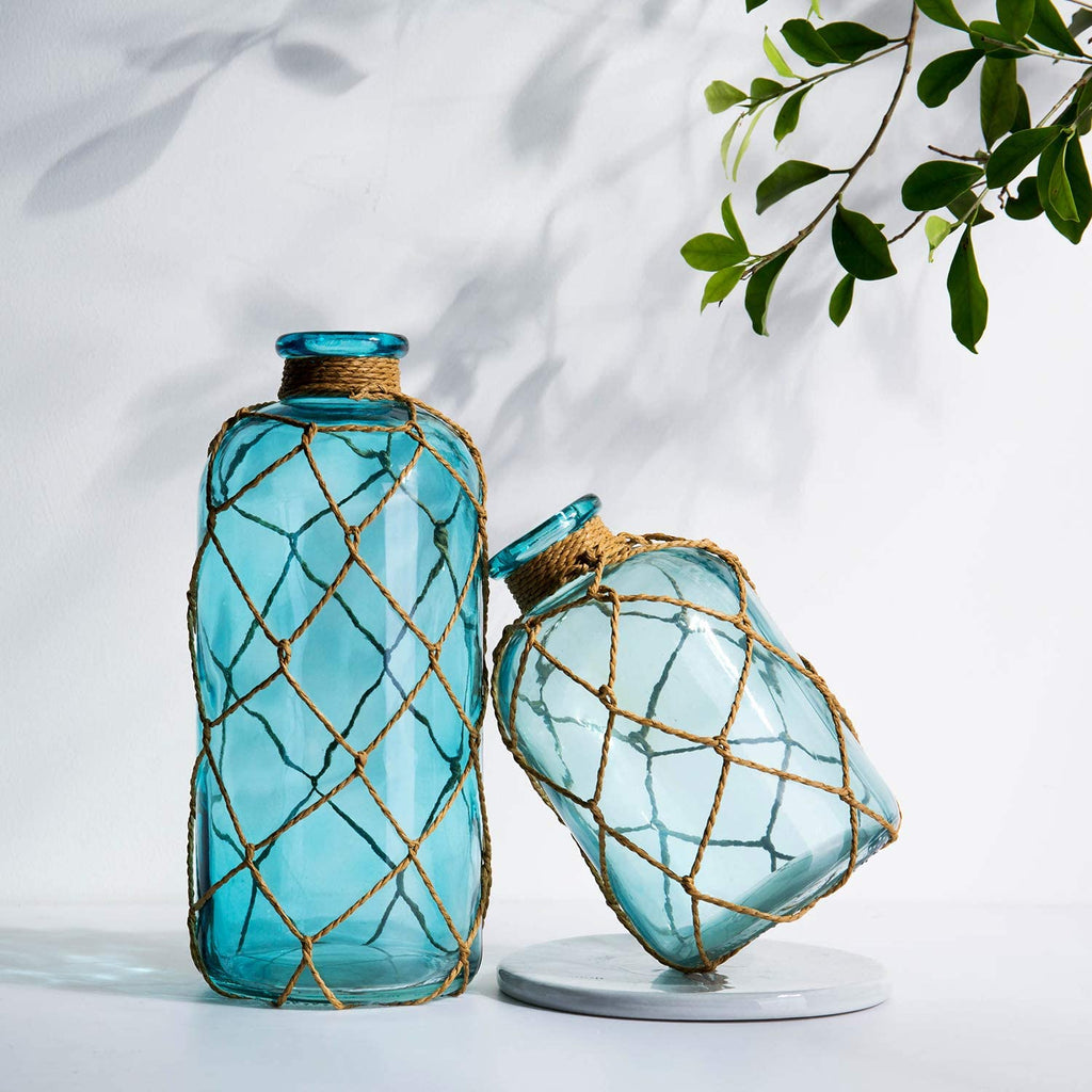 Rustic Glass Bottle Vase – Decorative Blue Flower Vase with Creative Rope Net (Large)
